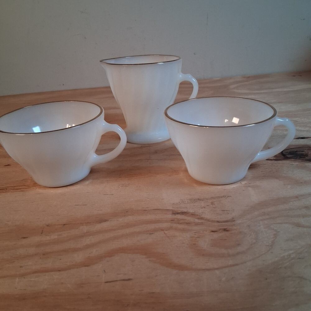 Vtg Fire King Milk Glass Cream Cup And 2 Tea Cups 3 Piece Set Gold Rim Painted